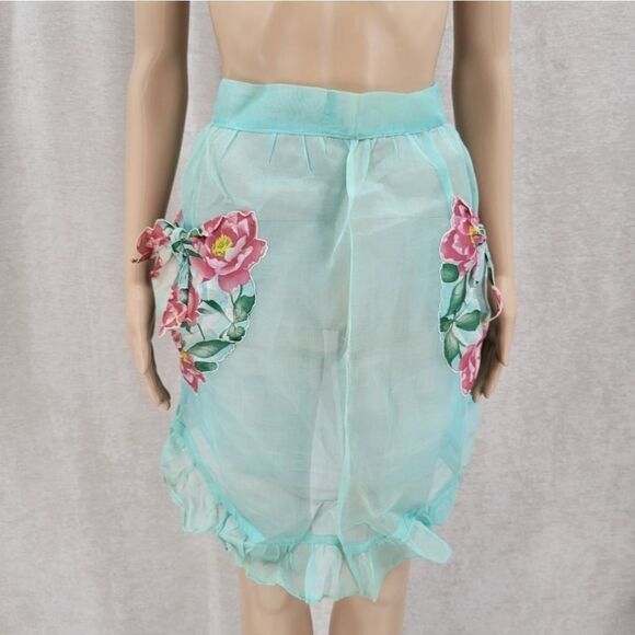 VINTAGE 50s Hostess Waist Apron Sheer Blue Sheer Ruffled - Picture 1 of 12